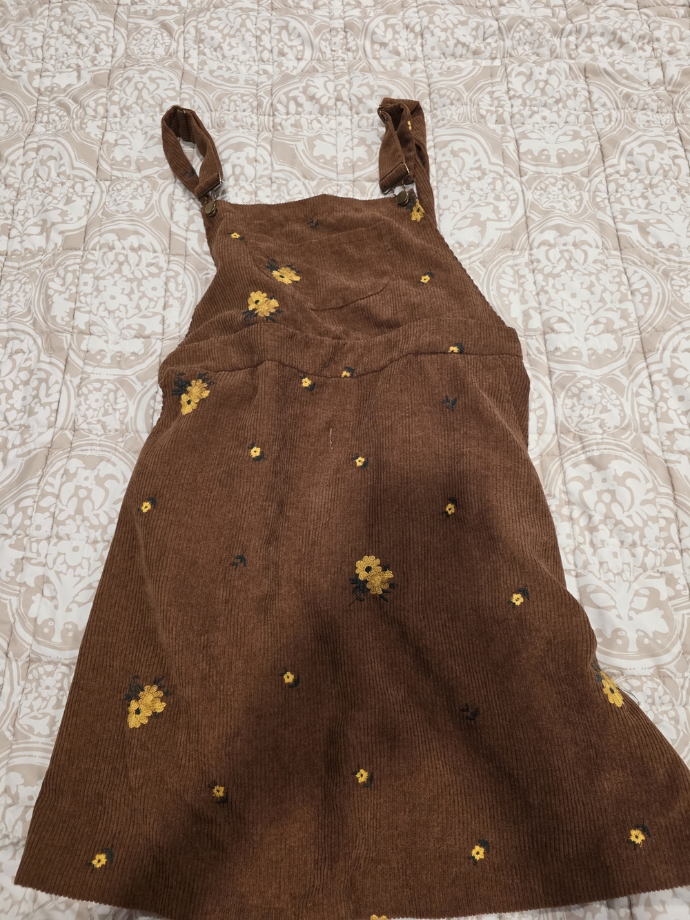 SHEIN Brown Corduroy Floral Pinafore Dress with Yellow Embroidery Women